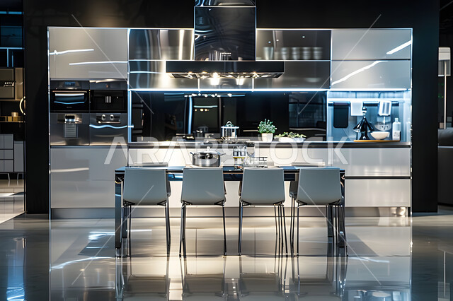 الفن الهندسي المعماري الحديث للفلل والشقق السكنية في المملكة العربية السعودية، أدوات كهربائية بتطورة بتقنيات عالية، أثاث كلاسيكي فاخر باللون الأسود، مطبخ بديكورات داخلية فخمة، الأواني المنزلية المرتبة والراقية