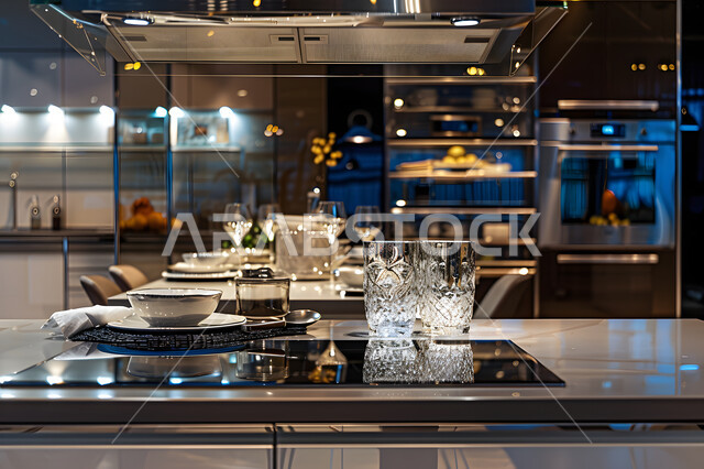 التصاميم الهندسية الحديثة للفلل والشقق السكنية في المملكة العربية السعودية، أدوات كهربائية بتطورة بتقنيات عالية، الأثاث الكلاسيكي  الفاخر ، مطبخ بديكورات داخلية فخمة، الأواني المنزلية المرتبة والراقية