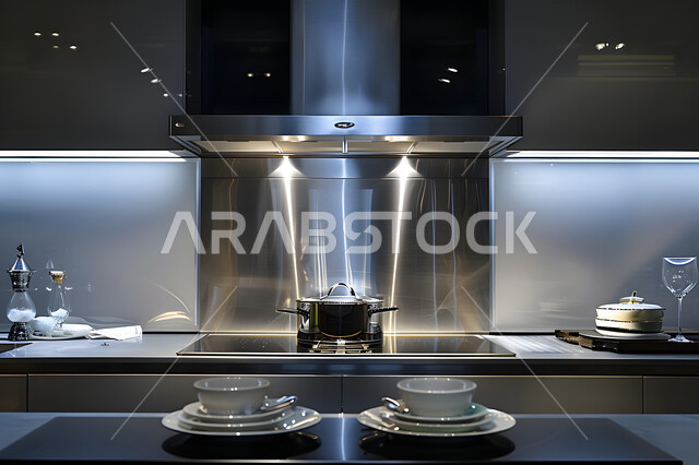 أدوات كهربائية بتطورة بتقنيات عالية، أثاث كلاسيكي فاخر باللون الأسود، فنون الهندسة المعمارية الحديثة للفلل والشقق السكنية في المملكة العربية السعودية، مطبخ بديكورات داخلية فخمة، الأواني المنزلية المرتبة والراقية