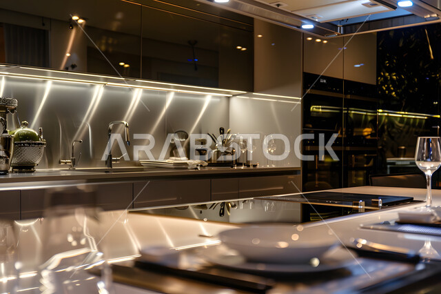 الديكورات الداخلية الفخمة للمطابخ، التصاميم الهندسية الحديثة للفلل والشقق السكنية في المملكة العربية السعودية، أدوات كهربائية بتطورة بتقنيات عالية، الأثاث الكلاسيكي  الفاخر ، الأواني المنزلية المرتبة والراقية