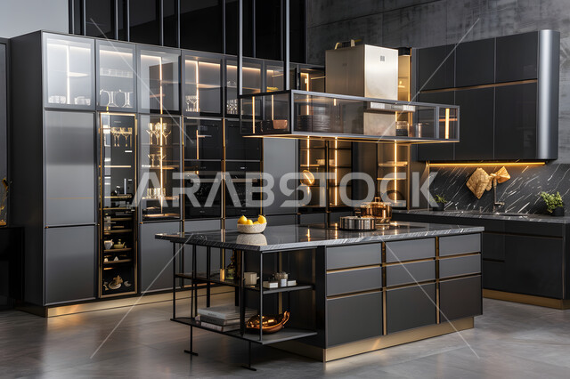 فنون الهندسة المعمارية الحديثة للفلل والشقق السكنية في المملكة العربية السعودية، مطبخ بديكورات داخلية فخمة، الأواني المنزلية المرتبة على الرفوف، أثاث كلاسيكي فاخر باللون الأسود والذهبي