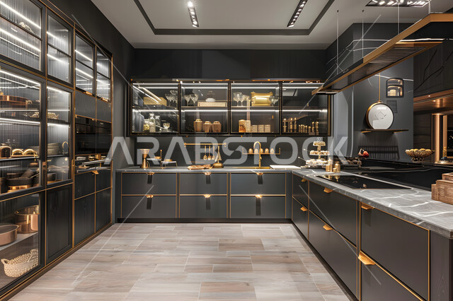 مطبخ بديكورات داخلية فخمة، فنون الهندسة المعمارية الحديثة للفلل والشقق السكنية في المملكة العربية السعودية، الأواني المنزلية المرتبة على الرفوف، أثاث كلاسيكي فاخر باللون الأسود والذهبي