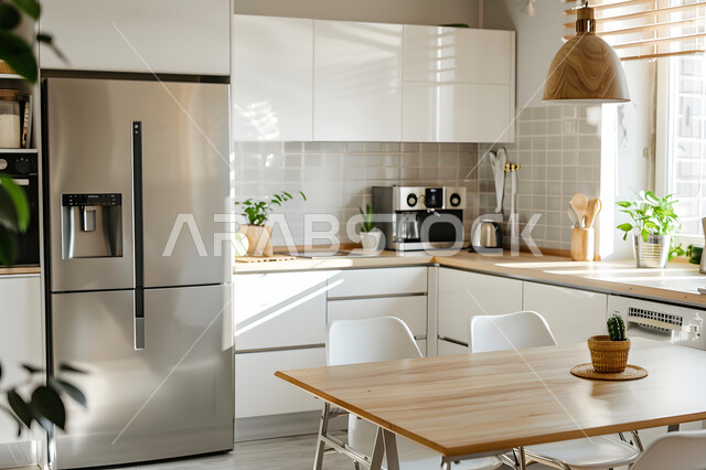 طاولة طعام وكراسي خشبية بالوسط، مطبخ فاخر باللون الأبيض، التصميم الداخلي بمفهوم جذاب ومتطور، تصاميم وديكورات مطابخ راقية, الفن الهندسي المعماري على الطراز الحديث، شقق وفلل سكنية بتصاميم عصرية