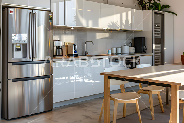 Residential villas and apartments with modern designs, upscale kitchen decorations and designs, interior design with an attractive and sophisticated concept, a luxurious kitchen in white, modern architectural art, high-tech household appliances, wooden chairs and table.