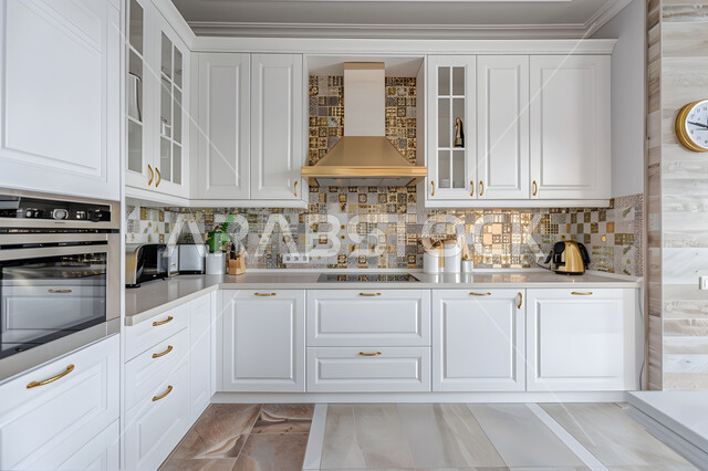 Elegant kitchen designs and decorations, interior design of kitchens with an attractive and sophisticated concept, luxury kitchen in white, modern architectural art, residential apartments and villas with modern designs, high-tech household appliances