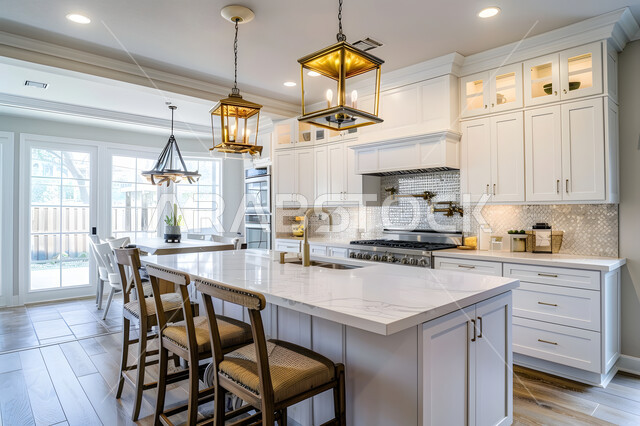 مطبخ فاخر باللون الأبيض، التصميم الداخلي بمفهوم جذاب ومتطور، تصاميم وديكورات مطابخ راقية, الفن الهندسي المعماري على الطراز الحديث، شقق وفلل سكنية بتصاميم عصرية، طاولة طعام وكراسي خشبية بالوسط