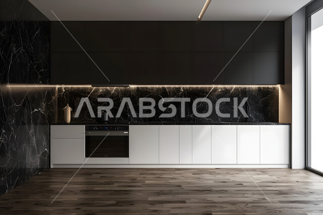 Residential apartments with simple modern designs, elegant interior design for a black and white kitchen, luxurious designs and decorations, modern geometric architectural art, distinct and sophisticated home furniture