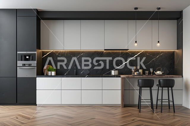 التصميم الداخلي الأنيق لمطبخ باللون الأسود والأبيض ، تصميمات وديكورات فاخره ، الفن المعماري الهندسي الحديث ، شقق سكنية بتصاميم عصرية بسيطة ، أثاث منزلي متميز وراقي