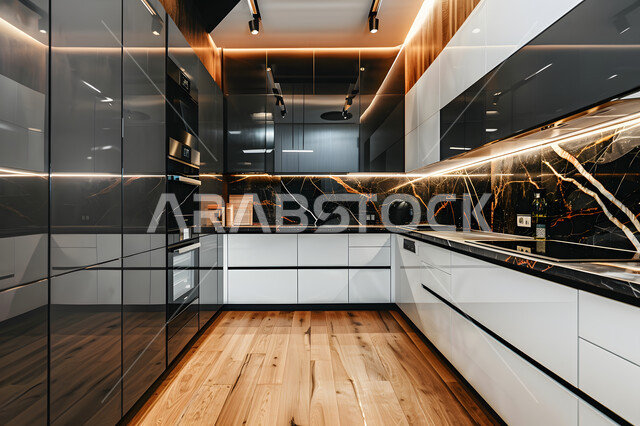 Luxurious designs and decorations, elegant interior design for a black and white kitchen, modern geometric architectural art, residential apartments with simple modern designs, distinct and sophisticated home furniture.