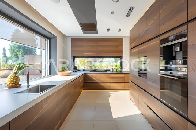 مطبخ كلاسيكي بخزائن خشبية أنيقة، الديكور الداخلي الراقي والبسيط، الواجهات الزجاجية الكبيرة المطلة على الطبيعة، التصميم العصري الحديث للمطابخ في الشقق والفلل السكنية بالمملكة العربية السعودية