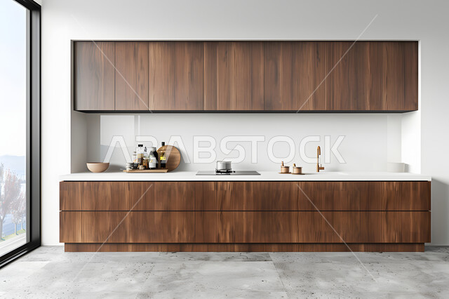 الديكور الداخلي الراقي والبسيط، الواجهات الزجاجية الكبيرة المطلة على الطبيعة، التصميم العصري الحديث للمطابخ في الشقق والفلل السكنية بالمملكة العربية السعودية، مطبخ كلاسيكي بخزائن خشبية أنيقة