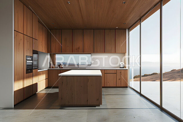 الواجهات الزجاجية الكبيرة المطلة على الطبيعة، التصميم العصري الحديث للمطابخ في الشقق والفلل السكنية بالمملكة العربية السعودية، الديكور الداخلي الراقي والبسيط، مطبخ كلاسيكي بخزائن خشبية أنيقة