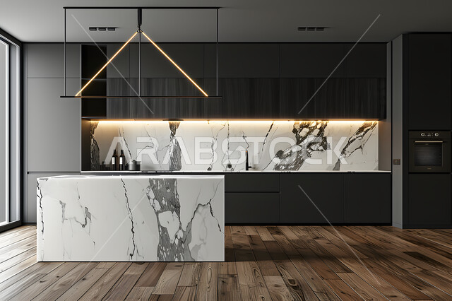 Engineering arts and luxury decoration, elegant and simple interior decoration, modern designs for kitchens in apartments and residential villas in the Kingdom of Saudi Arabia, classic kitchen with dark wooden cabinets