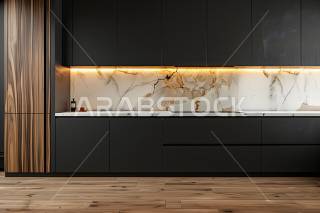 الديكور الداخلي الراقي والبسيط، التصاميم العصرية الحديثة للمطابخ في الشقق والفلل السكنية بالمملكة العربية السعودية، مطبخ كلاسيكي بخزائن خشبية غامقة، الفن الهندسي والديكورات الفاخرة