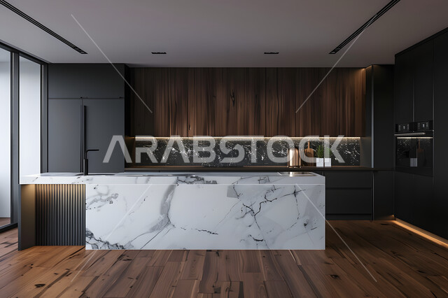 Modern modern designs for kitchens in residential apartments and villas in the Kingdom of Saudi Arabia, a classic kitchen with dark wooden cabinets, elegant and simple interior decoration, geometric art and luxurious decorations