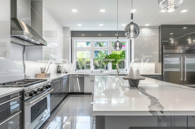 Luxurious and sophisticated kitchen in black and white, glass facades and windows overlooking nature, residential apartments and villas in the Kingdom of Saudi Arabia, classic geometric design of kitchens, modern household appliances with high technology