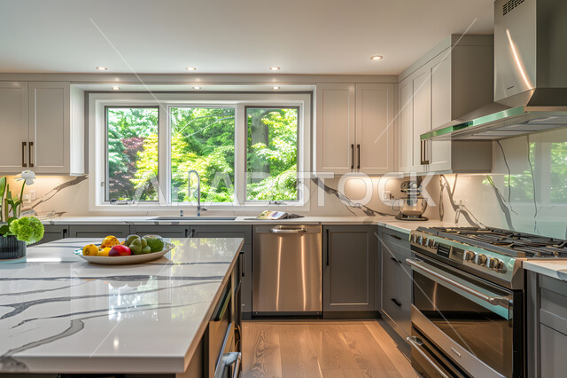 واجهات ونوافذ زجاجية مطلة على الطبيعة، الشقق والفلل السكنية في المملكة العربية السعودية، التصميم الهندسي الكلاسيكي للمطابخ، أدوات منزلية حديثة بتقنيات عالية، مطبخ فاخر وراقي باللون الأبيض والأسود