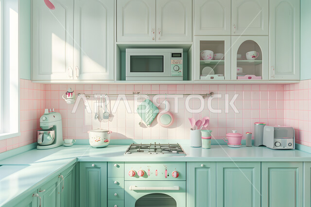 فنون الهندسة المعمارية المتميزة الحديثة، الأواني المنزلية المرتبة، مطبخ بديكورات داخلية عصرية فاخرة باللون الاخضر والوردي ، شقق وفلل سكنية في المملكة العربية السعودية، الطراز الفني الراقي في الأثاث المنزلي