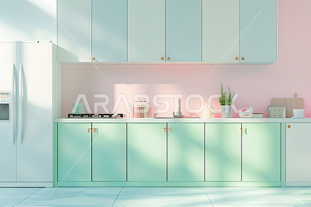 مطبخ بديكورات داخلية عصرية فاخرة باللون الاخضر والوردي ، فنون الهندسة المعمارية المتميزة الحديثة، شقق وفلل سكنية في المملكة العربية السعودية، الطراز الفني الراقي في الأثاث المنزلي، الأواني المنزلية المرتبة