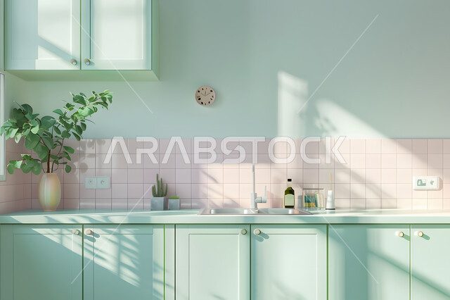 استخدام النبات المنزلية بالزينة، مطبخ بديكورات داخلية عصرية فاخرة باللون الاخضر ، فنون الهندسة المعمارية المتميزة الحديثة، شقق وفلل سكنية في المملكة العربية السعودية، الطراز الفني الراقي في الأثاث المنزلي