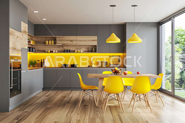 كراسي وطاولة خشبية صفراء، فنون الهندسة المعمارية المتميزة الحديثة، مطبخ بديكورات داخلية عصرية فاخرة باللون الأصفر ، شقق وفلل سكنية في المملكة العربية السعودية، الطراز الفني الراقي في الأثاث المنزلي