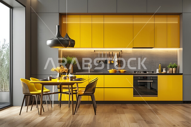 Yellow wooden table and chairs, modern distinguished architecture, kitchen with luxurious modern interiors in yellow, residential apartments and villas in the Kingdom of Saudi Arabia, high-end artistic style in home furniture