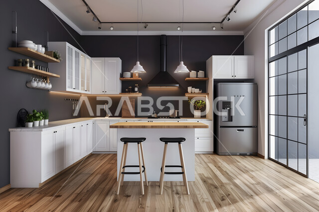 ديكور داخلي على الطراز الكلاسيكي الحديث، الديكورات والتصاميم الحديثة للمطابخ في الشقق والفلل السكنية، الأثاث المنزلي الراقي لمطبخ كلاسيكي، الأواني المنزلية المرتبة على الرفوف