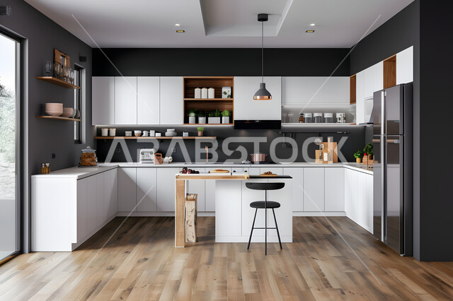 Modern designs and decorations for kitchens in residential apartments and villas, interior decor in a modern classic style, upscale home furniture for a classic kitchen, household utensils arranged on shelves