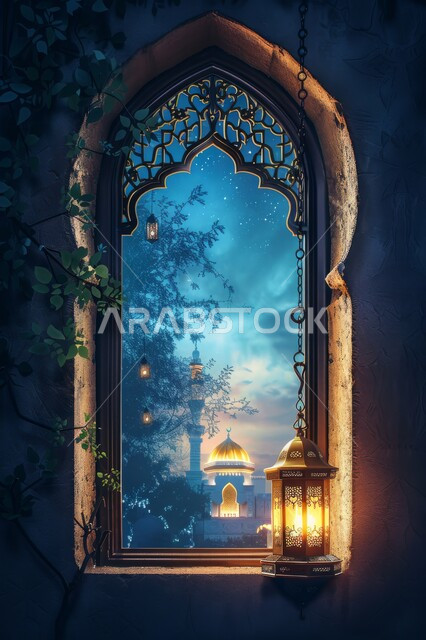 الاستعداد لاستقبال شهر الخير والبركة، أجواء الروحانية في رمضان المبارك، الأعياد والمناسبات الدينية, زينة وخلفيات وديكورات رمضانية، نافذة منحوتة على الطراز العربي الاسلامي, منظر القبب والمآذن ليلا، الفوانيس الذهبية المضيئة