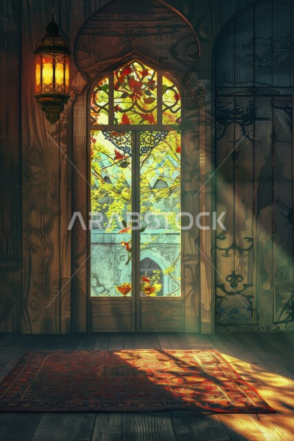 The atmosphere of spirituality in the blessed Ramadan, religious holidays and events, Ramadan decorations, backgrounds and decorations, a window carved in the Arab-Islamic style, distinct landscapes, illuminated golden lanterns, preparing to welcome the month of goodness and blessings