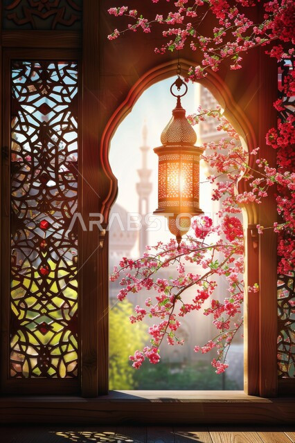 أجواء الروحانية في رمضان المبارك، الأعياد والمناسبات الدينية, زينة وخلفيات وديكورات رمضانية، نافذة منحوتة على الطراز العربي الاسلامي, المناظر الطبيعية المتميزة، الفوانيس الذهبية المضيئة, الاستعداد لاستقبال شهر الخير والبركة