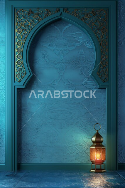 The atmosphere of spirituality in the blessed Ramadan, religious holidays and events, Ramadan decorations, backgrounds and decorations in blue, sculptures in the Arab-Islamic style, illuminated golden lanterns, preparing to welcome the month of goodness and blessings