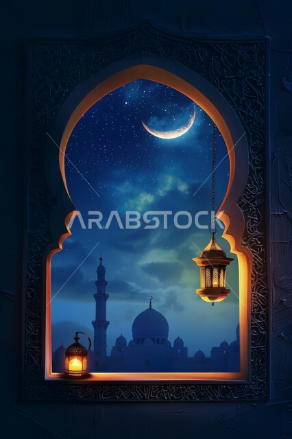 أجواء الروحانية في رمضان المبارك، الأعياد والمناسبات الدينية, زينة وخلفيات وديكورات رمضانية، نافذة منحوتة على الطراز العربي الاسلامي, منظر القبب والمآذن ليلا، الفوانيس الذهبية المضيئة, الاستعداد لاستقبال شهر الخير والبركة