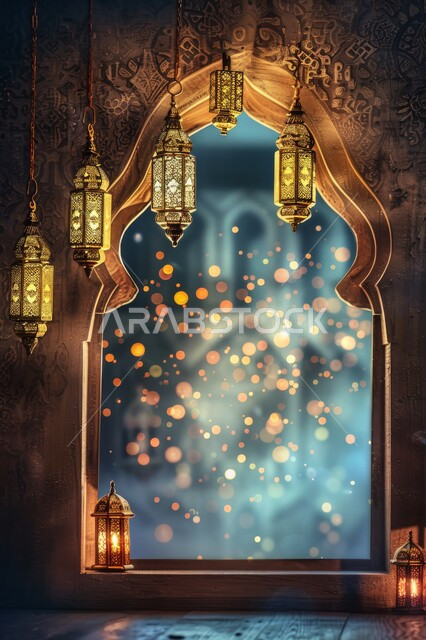 أجواء الروحانية في رمضان المبارك، الأعياد والمناسبات الدينية, زينة وخلفيات وديكورات رمضانية، نافذة منحوتة على الطراز العربي الاسلامي, منظر القبب والمآذن ليلا، الفوانيس الذهبية المضيئة, الاستعداد لاستقبال شهر الخير والبركة
