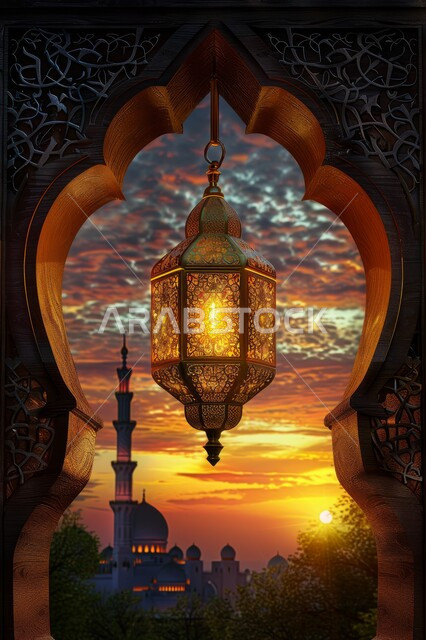 Religious occasions and holidays, the atmosphere of spirituality in the blessed Ramadan, Ramadan decorations, backgrounds and decorations, a window carved in the Arab-Islamic style, the view of domes and minarets at sunset, illuminated golden lanterns, preparing to welcome the month of goodness and blessings