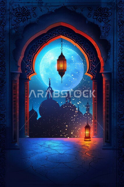 الاستعداد لاستقبال شهر الخير والبركة، أجواء الروحانية في رمضان المبارك، الأعياد والمناسبات الدينية, زينة وخلفيات وديكورات رمضانية، نافذة منحوتة على الطراز العربي الاسلامي, منظر القبب والمآذن ليلا، الفوانيس الذهبية المضيئة