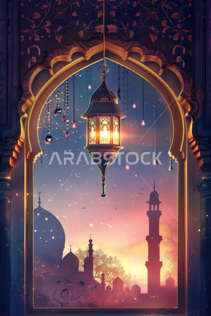 Religious occasions and holidays, the atmosphere of spirituality in the blessed Ramadan, Ramadan decorations, backgrounds and decorations, a window carved in the Arab-Islamic style, the view of domes and minarets at sunset, illuminated golden lanterns, preparing to welcome the month of goodness and blessings