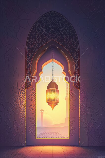 Religious occasions and holidays, the atmosphere of spirituality in the blessed Ramadan, Ramadan decorations, backgrounds and decorations, a window carved in the Arab-Islamic style, the view of domes and minarets at sunset, illuminated golden lanterns, preparing to welcome the month of goodness and blessings