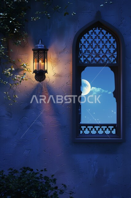 The atmosphere of spirituality in the blessed Ramadan, religious holidays and events, Ramadan decorations, backgrounds and decorations, a window carved in the Arab-Islamic style, the view of domes and minarets at night, illuminated golden lanterns, preparing to welcome the month of goodness and blessings