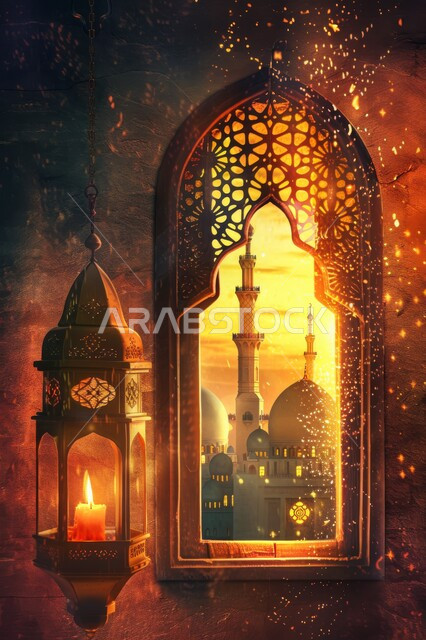 المناسبات والأعياد الدينية, أجواء الروحانية في رمضان المبارك، زينة وخلفيات وديكورات رمضانية، نافذة منحوتة على الطراز العربي الاسلامي, منظر القبب والمآذن وقت الغروب، الفوانيس الذهبية المضيئة, الاستعداد لاستقبال شهر الخير والبركة