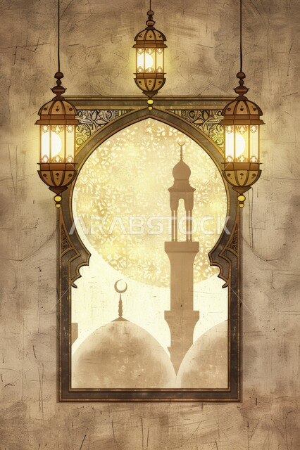 أجواء الروحانية في رمضان المبارك، الأعياد والمناسبات الدينية, زينة وخلفيات وديكورات رمضانية، نافذة منحوتة على الطراز العربي الاسلامي, منظر القبب والمآذن ليلا، الفوانيس الذهبية المضيئة, الاستعداد لاستقبال شهر الخير والبركة