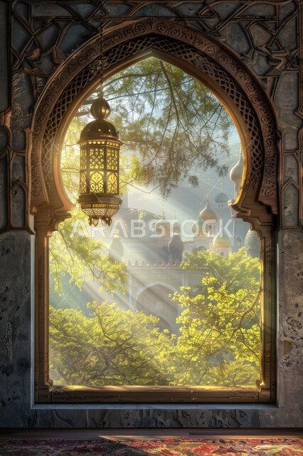 The atmosphere of spirituality in the blessed Ramadan, religious holidays and events, Ramadan decorations, backgrounds and decorations, a window carved in the Arab-Islamic style, distinct landscapes, illuminated golden lanterns, preparing to welcome the month of goodness and blessings