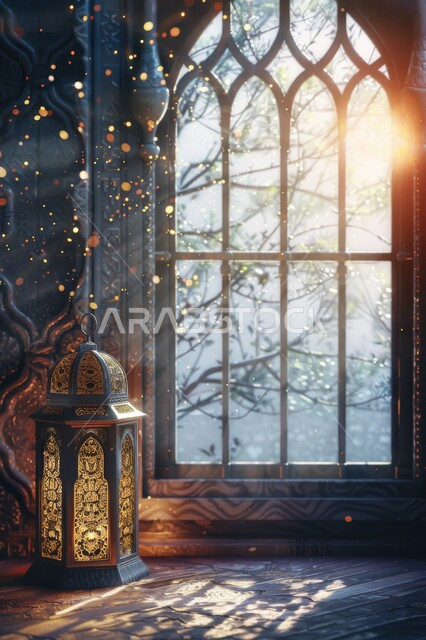 The atmosphere of spirituality in the blessed Ramadan, religious holidays and events, Ramadan decorations, backgrounds and decorations, a window carved in the Arab-Islamic style, distinct landscapes, illuminated golden lanterns, preparing to welcome the month of goodness and blessings