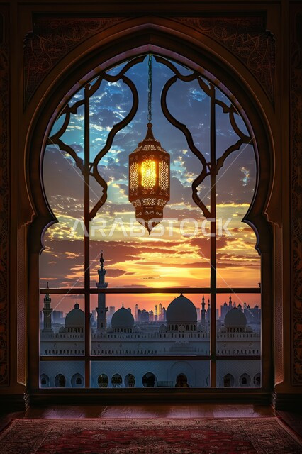 المناسبات والأعياد الدينية, أجواء الروحانية في رمضان المبارك، زينة وخلفيات وديكورات رمضانية، نافذة منحوتة على الطراز العربي الاسلامي, منظر القبب والمآذن وقت الغروب، الفوانيس الذهبية المضيئة, الاستعداد لاستقبال شهر الخير والبركة