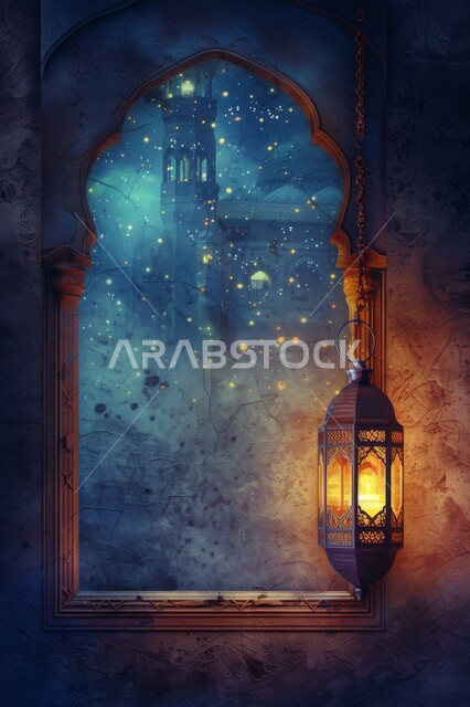 الاستعداد لاستقبال شهر الخير والبركة، أجواء الروحانية في رمضان المبارك، الأعياد والمناسبات الدينية, زينة وخلفيات وديكورات رمضانية، نافذة منحوتة على الطراز العربي الاسلامي, منظر القبب والمآذن ليلا، الفوانيس الذهبية المضيئة