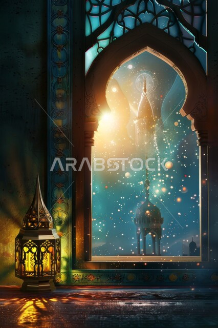 أجواء الروحانية في رمضان المبارك، الأعياد والمناسبات الدينية, زينة وخلفيات وديكورات رمضانية، نافذة منحوتة على الطراز العربي الاسلامي, منظر القبب والمآذن ليلا، الفوانيس الذهبية المضيئة, الاستعداد لاستقبال شهر الخير والبركة