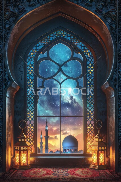 أجواء الروحانية في رمضان المبارك، الأعياد والمناسبات الدينية, زينة وخلفيات وديكورات رمضانية، نافذة منحوتة على الطراز العربي الاسلامي, منظر القبب والمآذن ليلا، الفوانيس الذهبية المضيئة, الاستعداد لاستقبال شهر الخير والبركة