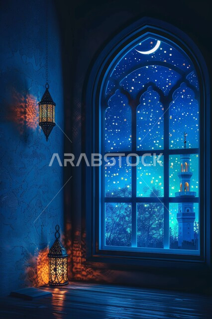 أجواء الروحانية في رمضان المبارك، الأعياد والمناسبات الدينية, زينة وخلفيات وديكورات رمضانية، نافذة منحوتة على الطراز العربي الاسلامي, منظر القبب والمآذن ليلا، الفوانيس الذهبية المضيئة, الاستعداد لاستقبال شهر الخير والبركة