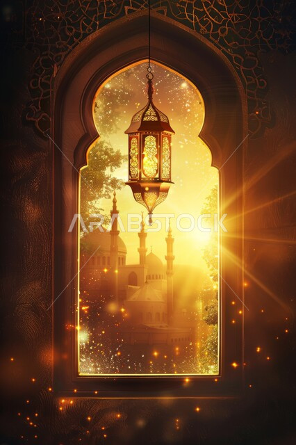 الاستعداد لاستقبال شهر الخير والبركة، المناسبات والأعياد الدينية, أجواء الروحانية في رمضان المبارك، زينة وخلفيات وديكورات رمضانية، نافذة منحوتة على الطراز العربي الاسلامي, منظر القبب والمآذن وقت الغروب، الفوانيس الذهبية المضيئة