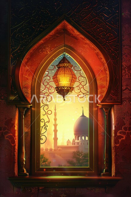 الاستعداد لاستقبال شهر الخير والبركة، المناسبات والأعياد الدينية, أجواء الروحانية في رمضان المبارك، زينة وخلفيات وديكورات رمضانية، نافذة منحوتة على الطراز العربي الاسلامي, منظر القبب والمآذن وقت الغروب، الفوانيس الذهبية المضيئة